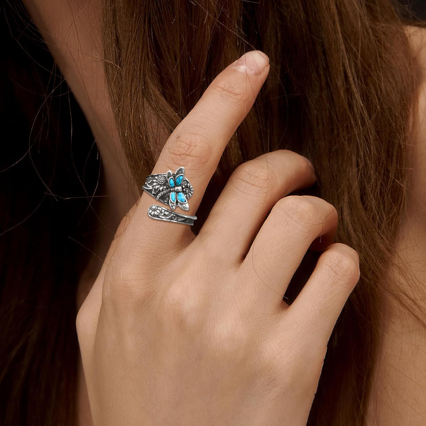 Сребрни прстен са кашичицом и тиркизом – Винтажни бохо прстен са вилинским коњицем 
