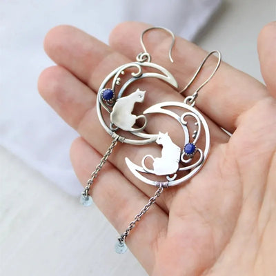 Минђуше са мачком у облику месечине – винтаге дизајн полумесеца са драгим каменом лапис лазули 