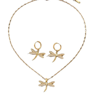 Gold Dragonfly Jewelry Necklace with Bonus Earrings