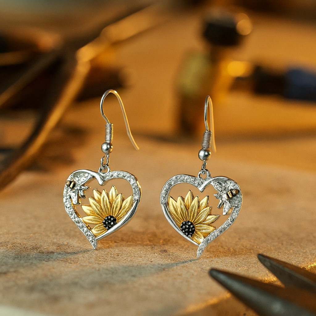 Винтажне бохо минђуше са срцем сунцокрета и пчеле 